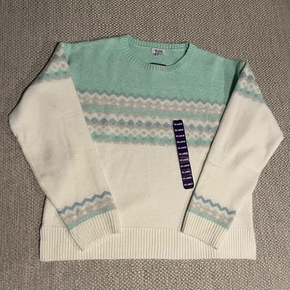 525 Women's Super Soft Crewneck Pullover Lurex Fairisle Sweater - Aqua Combo XL - Picture 5 of 11
